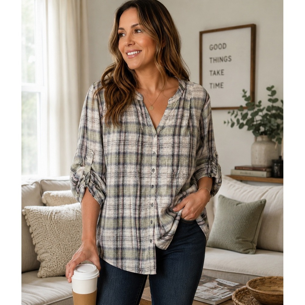 Sonoma Life Style Womens 3X Plaid Button Down Roll Tab Sleeve Cotton Tunic Top